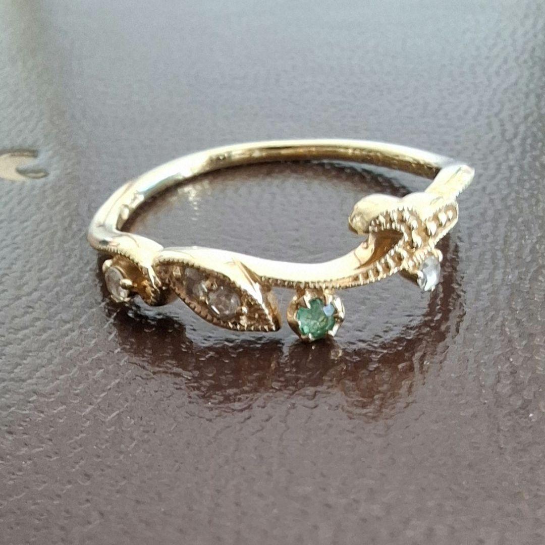 K18YG リング ローズカット ダイヤ　エメラルド　リーフ　ベーネベーネ リフレッソ ダイオプサイト ローズカットダイヤモンドリング PT900 K18